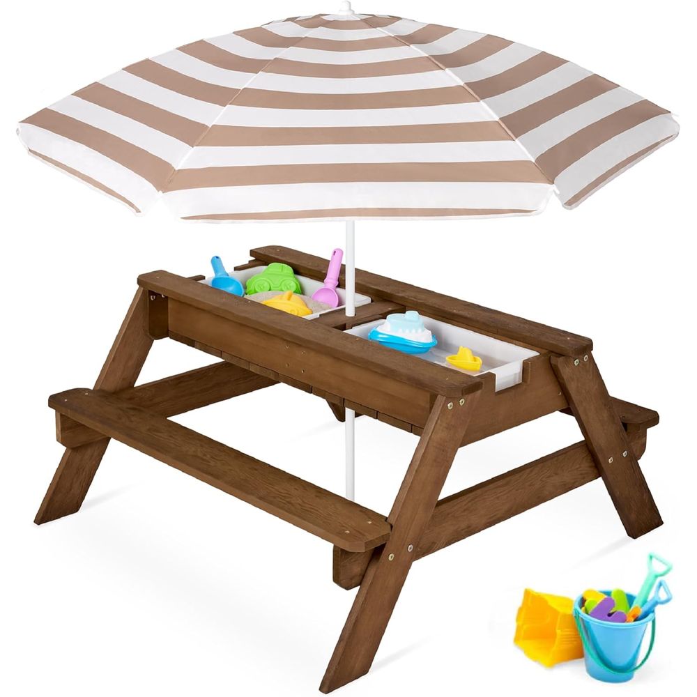 Kids Outdoor Picnic Table - 어린이용 피크닉 테이블(우산 포함), 3-in-1 모래놀이&물놀이