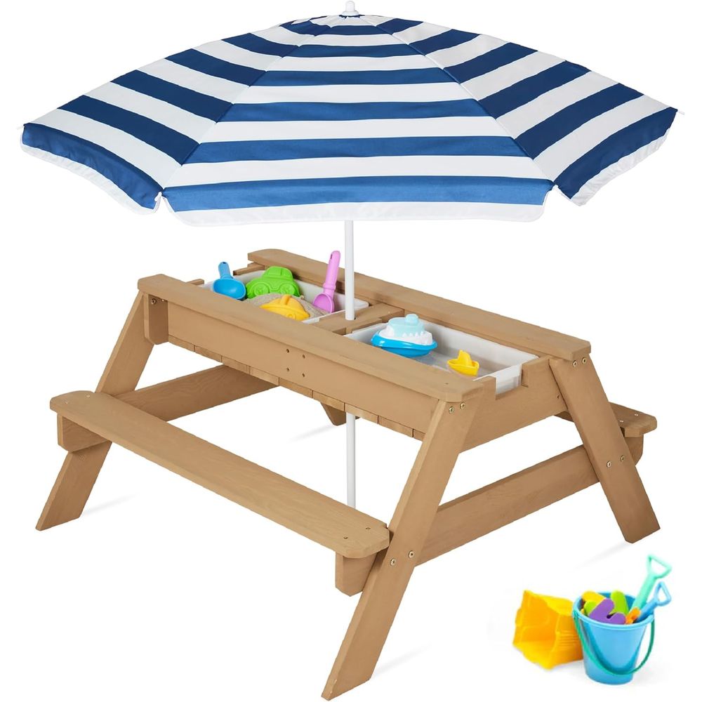 Kids Outdoor Picnic Table - 어린이용 피크닉 테이블(우산 포함), 3-in-1 모래놀이&물놀이